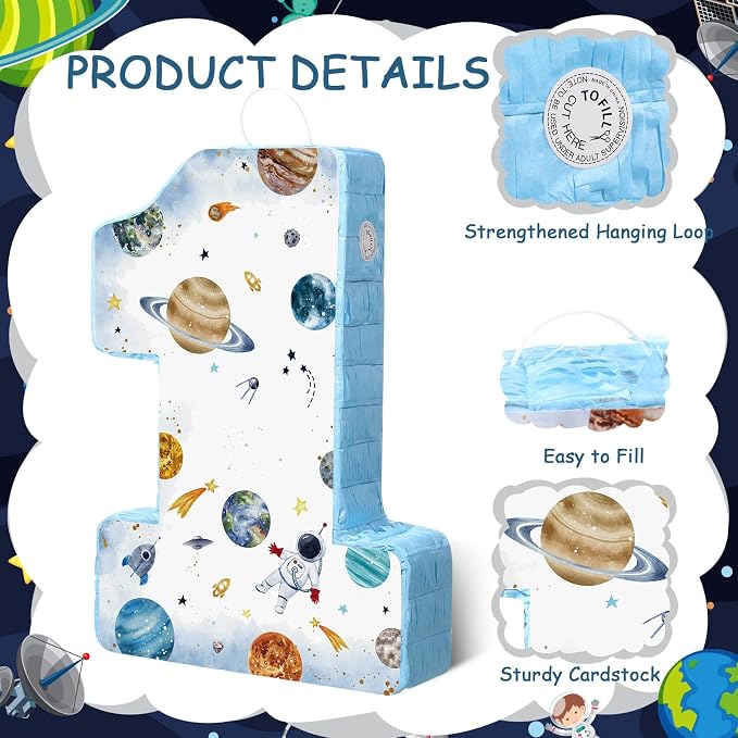 Blosssound Space Piñata Space 1st Birthday Party Decorations Supplies Number One Piñata Set with Stick Blindfold for Astronaut Planet Theme Birthday Baby Shower Celebration Decorations Supplies