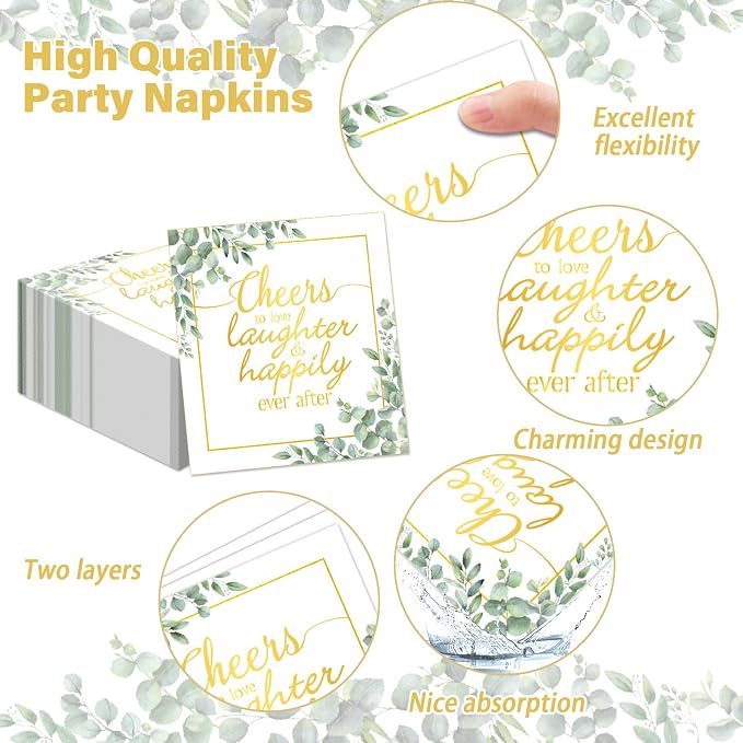 96Pcs Eucalyptus Leaves Bridal Shower Party Supplies Cheer to Love Birthday Plates and Napkins Sage Green Tableware Disposable Dessert Dinnerware for Wedding Engagement Anniversary Decor for 24 Guest