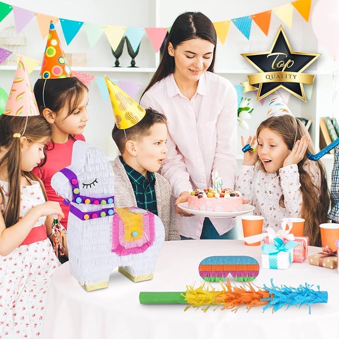 Llama Pinatas Bundle with a Blindfold and a Bat (17 x 14 x 4 Inches), Perfect for kid's Birthday Parties, Mexican Theme Parties, Decorations