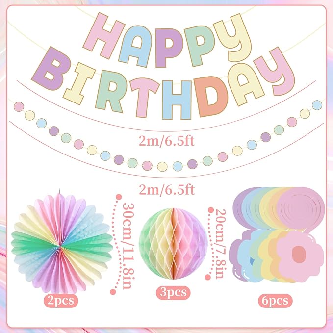 Pastel Birthday Decorations，Macaron Happy Birthday Banner， Pastel Honeycomb Balls, Flower Swirls, Garland, Hanging Paper Fans Decoration for Easter Party