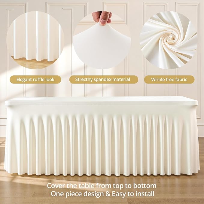 6 Pack Ivory Spandex Tablecloths for Rectangle Tables 8 Foot Ivory Stretch Table Cloth Rectangle 8ft Elastic Fitted Table Cover with Skirt for Wedding Birthday Party Banquet Baby Shower Buffet Event