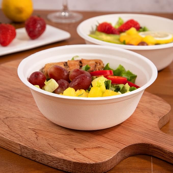 supernal 200Pcs Compostable Disposable Paper Bowls Combo Set for Catering | Heavy duty bagasse sugarcane bowls include 100pcs 16oz and 100pcs 30oz. Biodegradable, leakproof soup bowls for party.