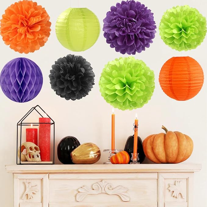 Orange Black Green Purple Paper Flowers Tissue Pom Poms Honeycomb Lanterns 15pcs Party Decorations Halloween Birthday Wedding Baby Bridal Shower Bachelorette Hanging Supplies Mprocherify