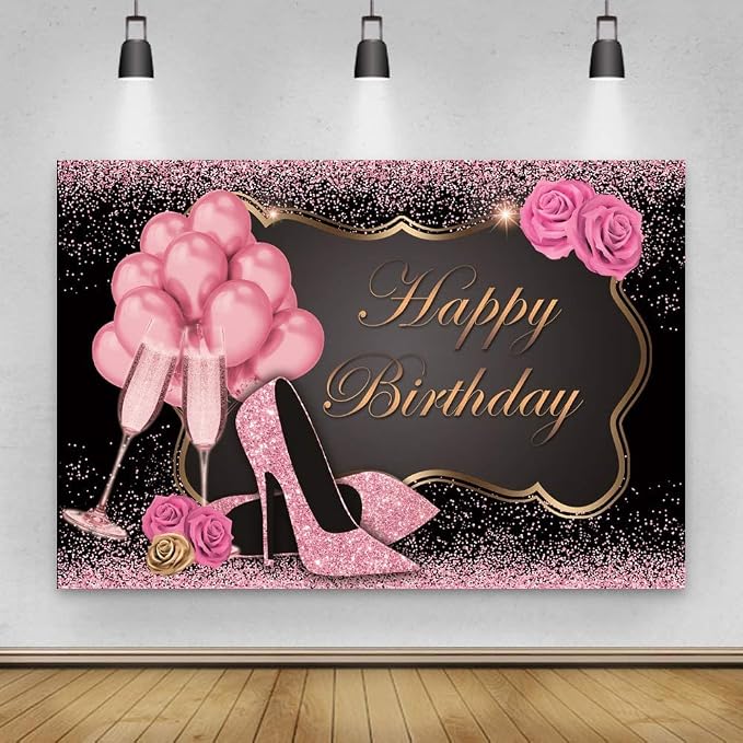 Rose Gold Glitter Happy Birthday Backdrop,Yeele 15x10ft Sweet Pink Balloons Sequin High Heels Champagne Flower Birthday Photography Background for Women Girl Party Supplies Cake Table Decoration