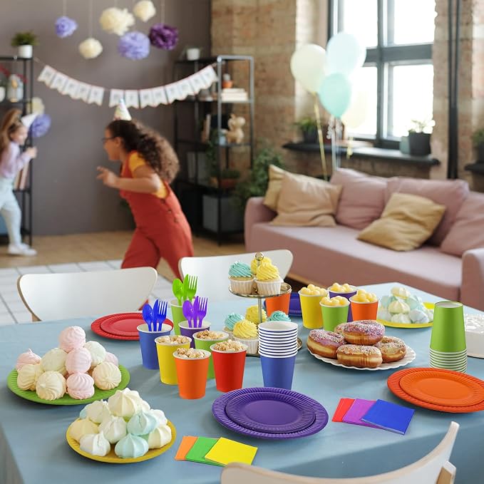 Inbagi 420 Pcs Rainbow Party Supplies Set 7" & 9" Colorful Paper Plates Colored Napkins Cups Spoon Fork Knif Disposable Dinnerware Set for Classroom & Back to School Party Decorations