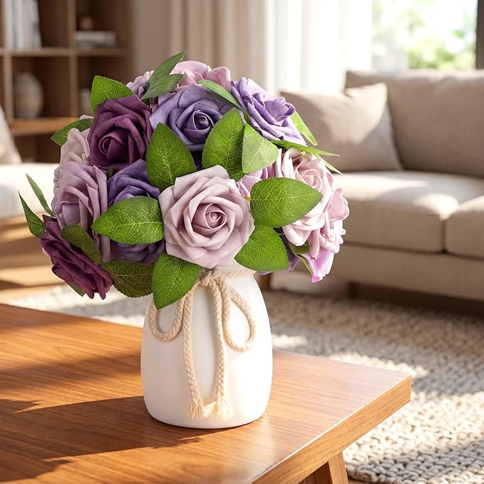 100 Pcs Artificial Foam Rose Flower Faux Bouquet Wedding Fake Rose Gift for Mother's Day Women DIY Bridal Shower Party Table Birthday Home Spring Decor (Gradient Light Purple)