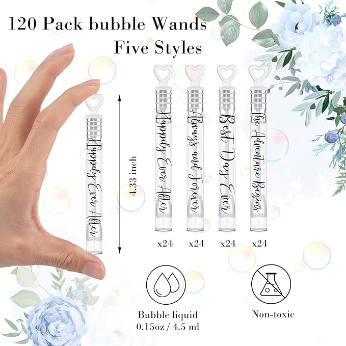 Hollowfly 120 Pack Wedding Mini Bubble Wands for a Wedding Bulk, Black Love Word White Heart Bubble for Guests Send off Wand Adult Bridal Exit Shower Party Supplies Valentine Anniversaries Celebration