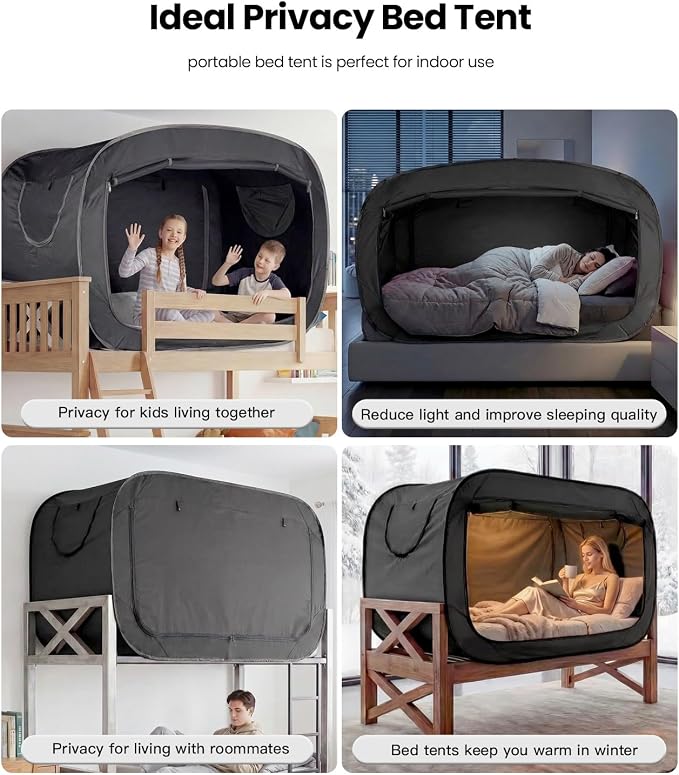 ANC POP Bed Tent Twin Bed Canopy Portable Dream Tent for Adult Indoor Sleeping Tents with 2 Doors Breathable Private Space Tents, Black