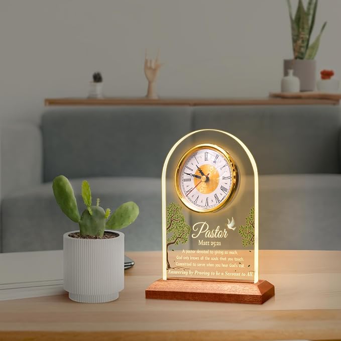 OkiyiD Pastor Appreciation Gifts, Pastor Gifts for Men Women, Light Up Quartz Clock with LED Wooden Base for Pastor Home Office Decor, Lighting Desk Table Clock,Thank You Presents for Pastor Preacher