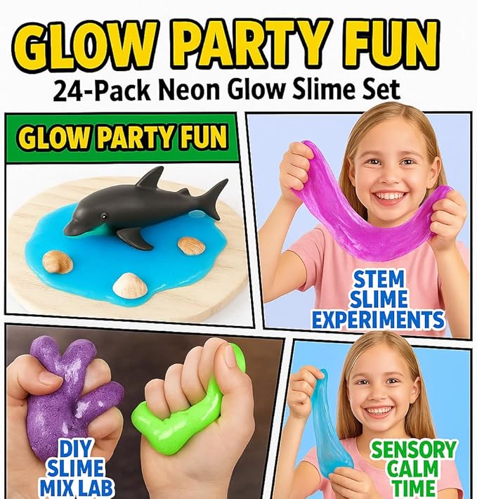 Playbees Glow in the Dark Slime – 24 Pack Neon Party Favors for Kids, Sensory Toy for Boys & Girls Ages 5+, Non-Toxic, Stretchy, Gooey Fun – Birthday, Halloween, Classroom & Treat Bags