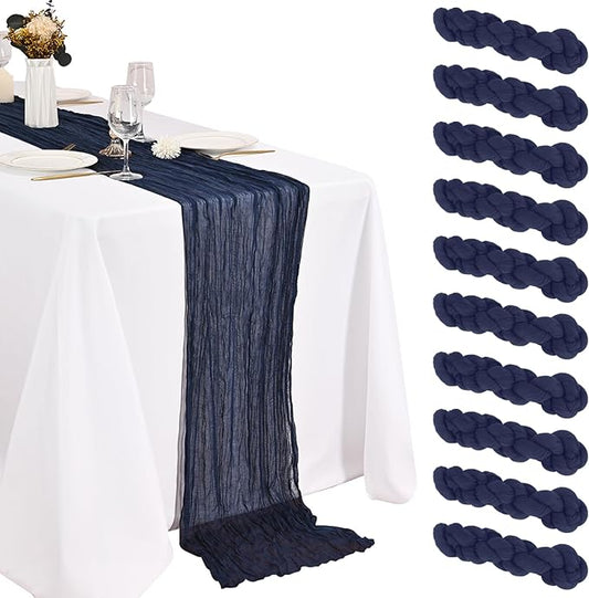 10 Pack Navy Blue Cheesecloth Table Runner 10FT Boho Gauze Fabric Cheese Cloth Table Runners for Wedding ,Party,Baby Shower, Bridal Party, Rustic Farmhouse and Table Decorations