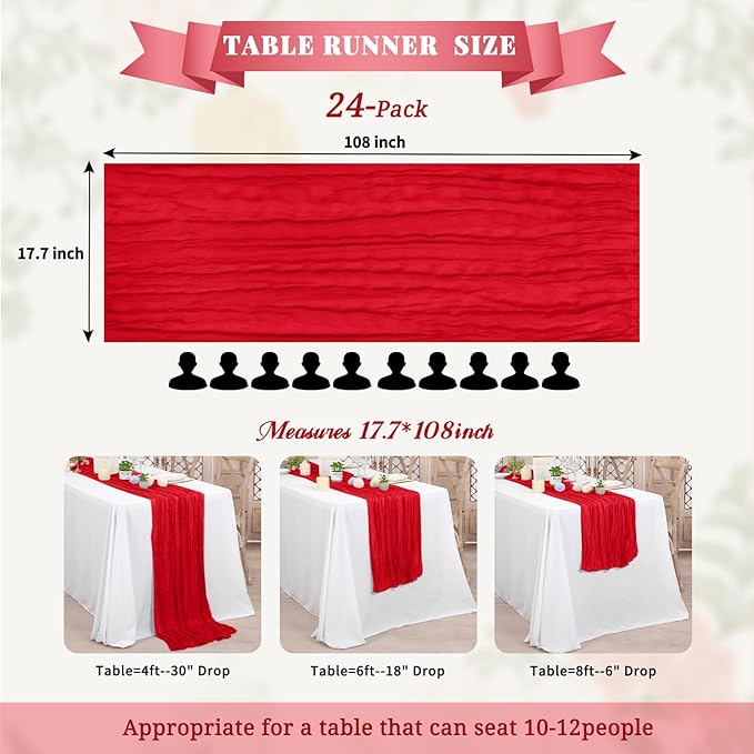24 Pack Cheesecloth Table Runner,Red Table Runner Long Romantic Semi Sheer Rustic Boho Gauze Table Runners for Wedding Bridal Shower Birthday Party Decorations(17.7×108 Inch)