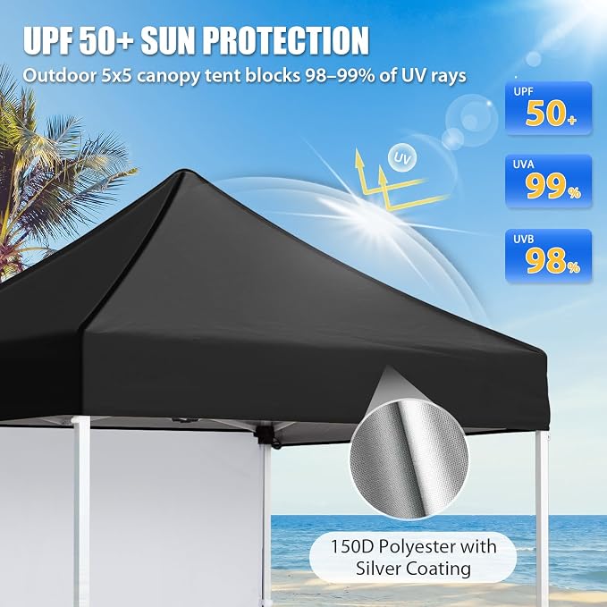 EAGLE PEAK Pop up Canopy 5x5, Outdoor Portable Canopy Tent with One Removable Sunwall, Carry Bag Included, Black