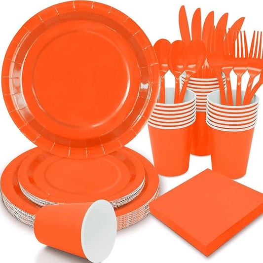 Orange Paper Plates Party Supplies,168pcs Orange Plates and Napkins Party Supplies for Halloween Thanksgiving Fall Orangee Birthday Decorations for Women Serve 24