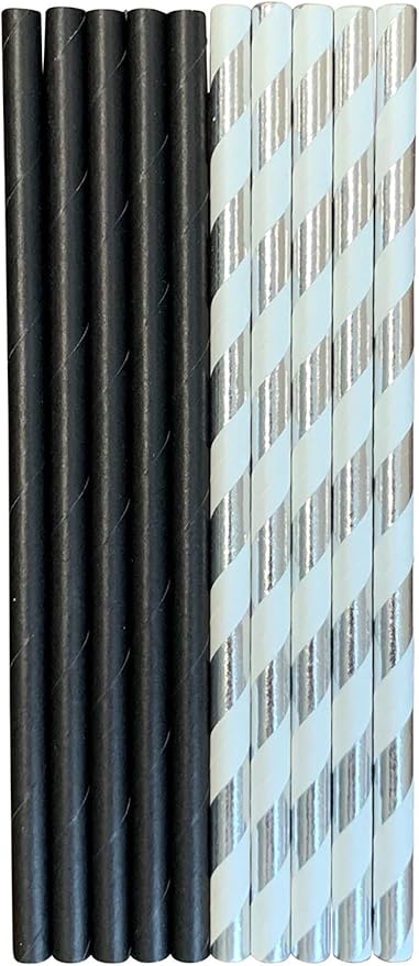 500 Count | Kingseal FSC Certified Paper Cocktail Straws, Unwrapped, 6mm x 5.75 Inches, Silver Stripe, Biodegradable, Earth Friendly, Bulk Pack - 1 Box of 500 Straws