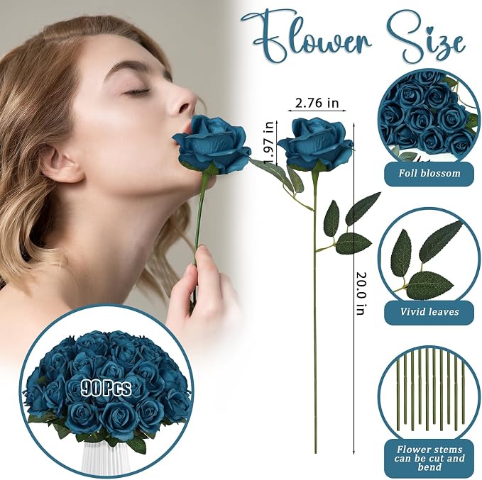 90pcs Teal Roses Artificial Flowers, Fake Velvet Silk Rose Bulk Faux Flower for Decoration DIY Wedding Centerpieces Proposal Bridal Bouquets Shower Party Home Floral Decor
