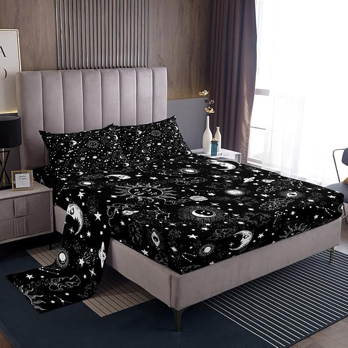 Castle Fairy Sun and Moon Bed Sheet Set Twin Size,Starry Galaxy Boho Hippie Constellation,Bedding Decor Set with 1 Flat & 1 Fitted Sheet with 1 Pillow Sham