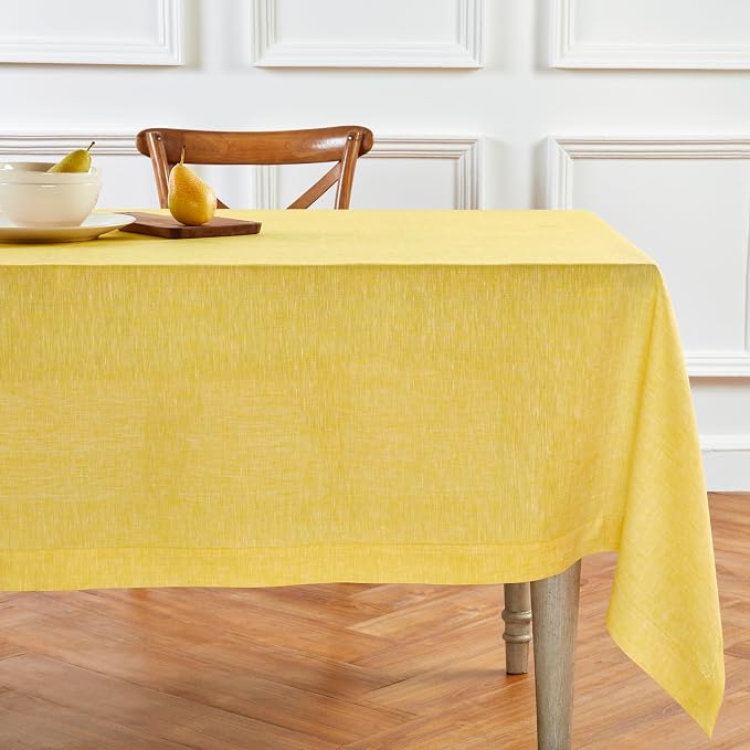 Solino Home Linen Tablecloth 60 x 108 Inch - 100% Pure Linen Chambray Lemon Yellow Table Cloth for Rectangular Tables - Athena, Machine Washable Cloth Tablecloth for Summer