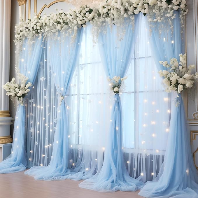 10x10ft Baby Blue Tulle Backdrop Curtain with Lights String for Parites, Sheer Photo Backdrop Curtains with Lights for Wedding Backdrop Ceremony Reception Bridal Shower Baby Shower Birthday Party