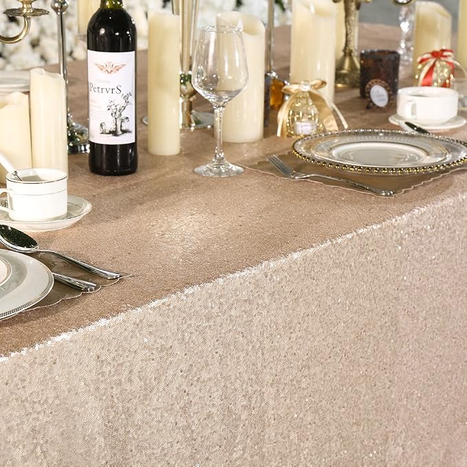 Poise3EHome Champagne Sequin Tablecloth 90×132 Inch Rectangle Sparkly Fabric Table Cloth for Birthday Wedding Party Christmas Holiday Baby Shower Decoration