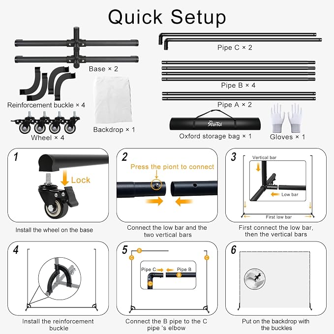 7x6.5ft Movable Backdrop Stand With White Screen and Wheels - Photography Background Stand for Photoshoot, Studio Video Recording, Events, Streaming