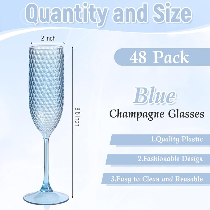 Pesonlook 48 Pack Plastic Champagne Glasses Blue Reusable Diamond Crystal Clear Wine Glasses Diamond Wine Cups Vintage Drinking Glasses for Wedding Reception, Grand Event Party Supplies