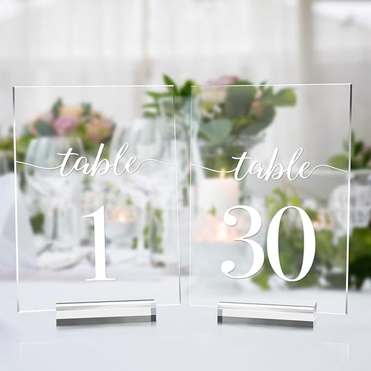 JINMURY Clear Wedding Table Numbers 1-30 with Stands, 5x7 Inch Clear Acrylic Sign Printed White Calligraphy Font, Acrylic Table Numbers with Holder for Wedding Party Reception