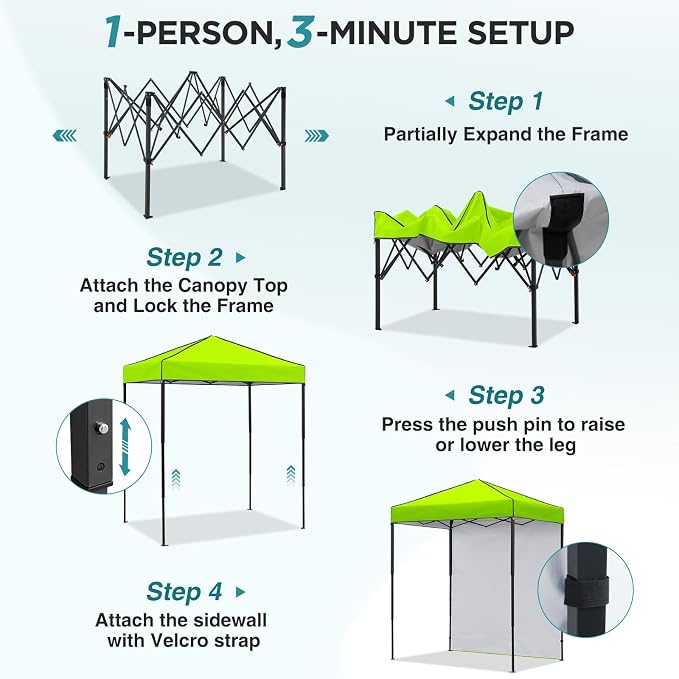 EAGLE PEAK 6x4 Instant Pop Up Canopy Tent with 1 Side Wall Panel, Straight Leg Sun Shelter, Portable Canopy with Carry Bag for Camping, Beach & Sports, Neon Green