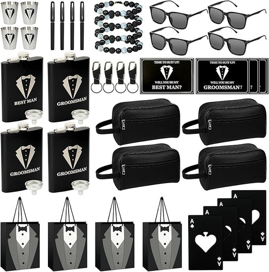 Set 4 Groomsmen Proposal Gifts - Groomsmen Gift Boxes with Leather Bag，Tuxedo Flask, Funnel，Shot Glasse，Poker Card Bottle Openers, Sunglasses, Pen，Bracelet, Card & Gift Bags for Wedding Party