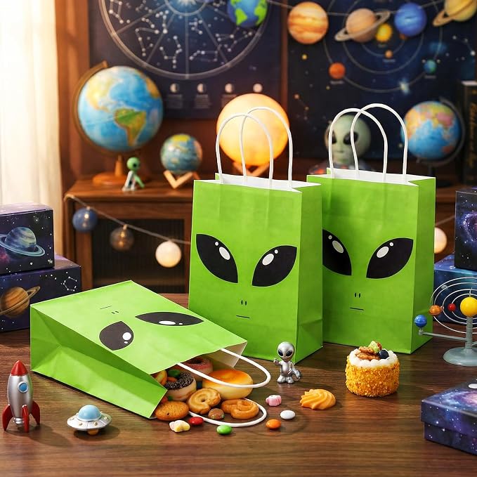 Tosstuki 12 Pcs Alien Gift Bags Alien Birthday Decoration Ufo Aliens Party Paper Bags with Handles for Kids Boys Girls Birthday Space Theme Celebrations Events Supplies