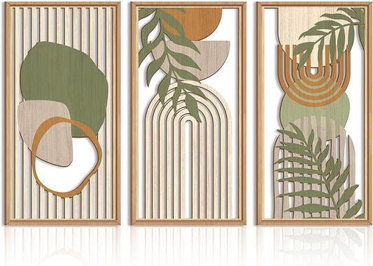 IARTTOP Large Boho Mid-century Modern Wood Wall Art 16x32 Inch Framed Green Abstract Leaf Wooden Wall Decor Bohemian Minimalist Geometric Wall Art Decor for Bedroom Living Room Office Set of 3
