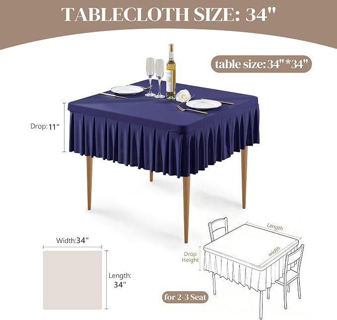 2 Pack Navy Blue Spandex Tablecloths for 34x34 Inch Square Tables, Stretch Fitted Table Clothes with Pleated Ruffle Skirt for 34” Table, Wrinkle Free and Elastic, for Party Kitchen Home Dining
