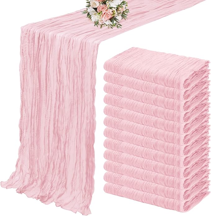 12 Pack Cheesecloth Table Runner 35 x 120 inch Long Boho Cheese Cloth Gauze Table Runners Semi Sheer Table Runner for Wedding Decor, Bridal Shower, Birthday Party (Light Pink)