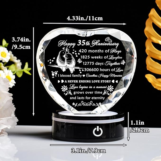 YWHL 35th Wedding Anniversary Crystal Heart Gifts for Parents Couples with LED Base Laser Engraved Happy 35th Anniversary Keepsake Plaque Gift for Husband Wife 35 Years of Marriage Gifts for Her Him