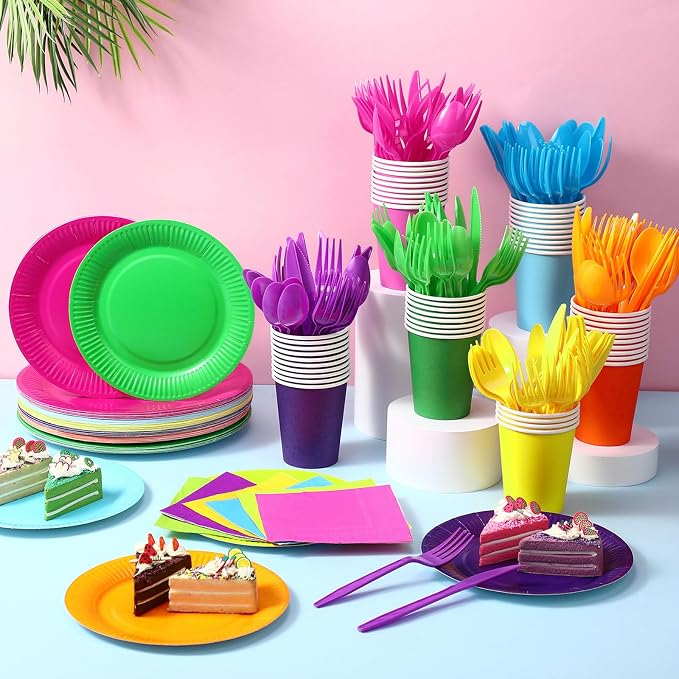 Ziliny 420 Pcs Rainbow Neon Party Supplies Paper Plates and Napkins 9 oz Paper Cups Forks Knives Spoons Disposable Tableware for Rainbow Birthday Party Supplies, Serves 60(Rose Red, Purple, Yellow)