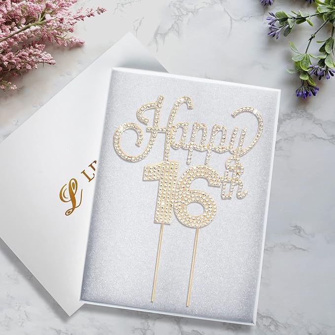 LINGTEER Happy 16th Birthday Gold Rhinestone Cake Topper - Cheers to 16th Birthday Sixteen Years Old Party Cake Centerpieces Topper Decorations Gift Sign.
