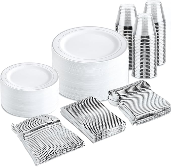 bUCLA 300PCS Silver Disposable Plastic Dinnerware Set - 50 Guests White Silver Disposable Plates Include 50 Dinner Plates,50 Dessert Plates,50 Knives,50 Forks,50 Spoons,50 Cups for Party & Christmas