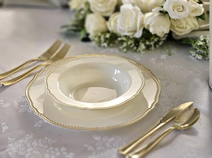 OCCASIONS 50 Pack (25 Guests) Fancy Disposable Plates, Rochelle Ivory Gold | Heavy Duty Scalloped, China-Like Look, 10.25" Dinner + 7.5" Salad/Dessert, Wedding Party, BPA Free, Recyclable, Rigid