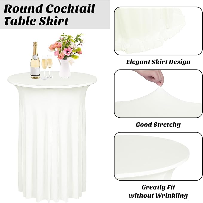 Kochorie 6 Pieces Cocktail Table Skirt Round Cocktail Table Covers 32 x 43 Inch Spandex Stretch High Top Table Cloth for Wedding Table Bar Banquet Party Supplies (Ivory)