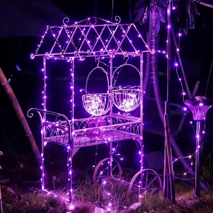 QITONG 4 Pack Solar Fairy Lights, Each 33ft 100 LED Purple Halloween String Light Outdoor Waterproof, 8 Modes Silver Wire Christmas Twinkle Mini Lights