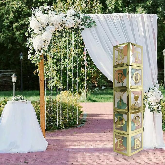 96 PC Bridal Shower Decorations Balloon Boxes Gold- Transparent Block with BRIDE TO BE + GROOM + A - Z Letters and 40 Balloons- Engagement Bachelorette Parties Weddings Centerpieces Photo Booth Props