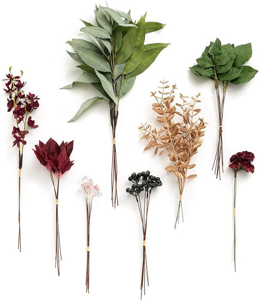 Ling's moment Artificial Greenery Stems Box Set, 37pcs with 8 Kinds of Faux Greenery Picks for DIY Bridal Bouquets Wedding Floral Arrangement Table Centerpieces, Marsala & Blush