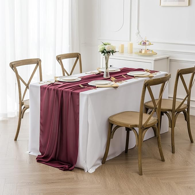 6Pack 9ft Christmas Chiffon Table Runner 14x108 Inch Sheer Romantic Table Runner for Wedding Birthday Party Bridal Shower Outdoor Decoration -Burgundy