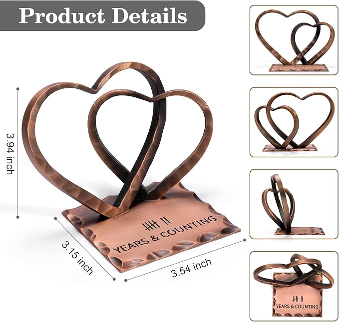 Vastsea 7 Year Anniversary Copper Gifts - 7th Anniversary Wedding Handcrafted Hearts Sculpture for Her Him Couple Wife Husband, with Card & Gift Box