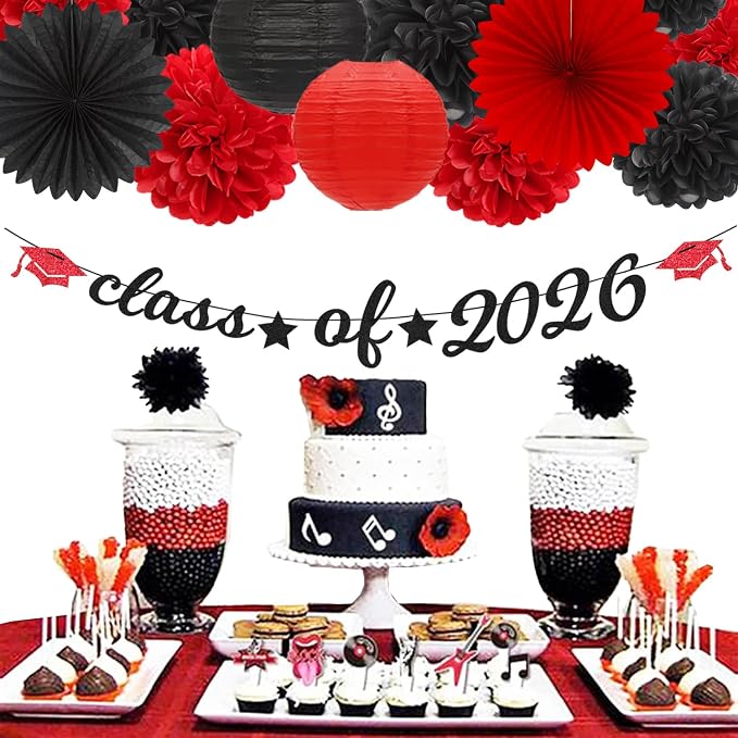 Black-Red 2026 Class-Congratulations Graduation Party-Decorations - 22pcs High School College Grad Prom Supplies Decor, Tissue Pom Poms Streamers, Paper Flowers Lanterns Hugmoon