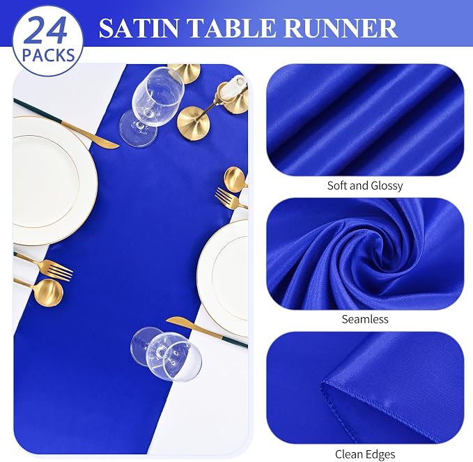 24 Pack Royal Blue Satin Table Runners, 12 x 108 Inch Table Runners for Rectangle Round Tables,Smooth Satin Table Runner for Wedding,Birthday Party Banquets Graduation Engagements Decoration