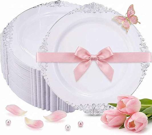 Hioasis 100pcs White Silver Plastic Plates - 10.25" Dinner Plates Disposable, Heavy -duty, Classy and Elegant for Thanksgiving