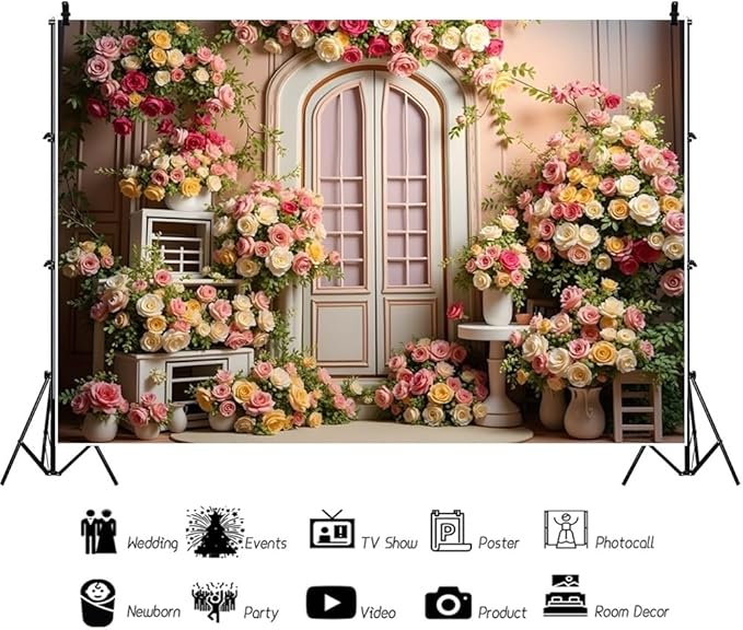 7x5ft Pink Flowers Wedding Backdrop Elegant Rose Blossom Floral Plant Woman Bride Party Girls Photography Background Bridal Shower Photo Studio Shoot