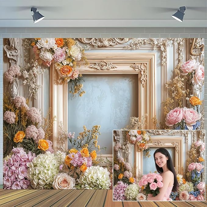 9X6ft Retro Wall Wedding Backdrops Frame Style Colorful Flowers Wall Background Medieval Building Photo Background for Mothers Day Bridal Baby Shower Birthday Girls Women Decoration Backdrop
