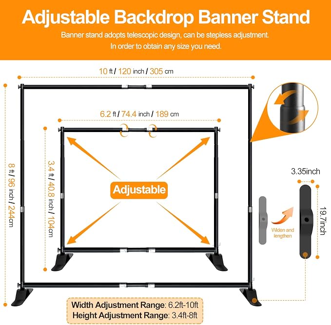 FUDESY 10 x 8ft Backdrop Banner Stand, Heavy Duty Adjustable Photo Background Stand Kit with Carrying Bag, Step and Repeat Frame Stand for Parties Wedding Trade Show Photo Booth Display